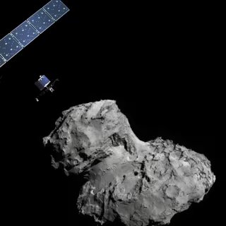 Une vue d'artiste de la sonde Rosetta larguant l'atterriseur Philae en direction de la comète 67P/Churyumov-Gerasimenko. © ESA